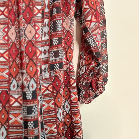 BB Dakota Red and Black Tribal Print Ruffled Trim Sundress w Smock Elastic Waist - Picture 5 of 16